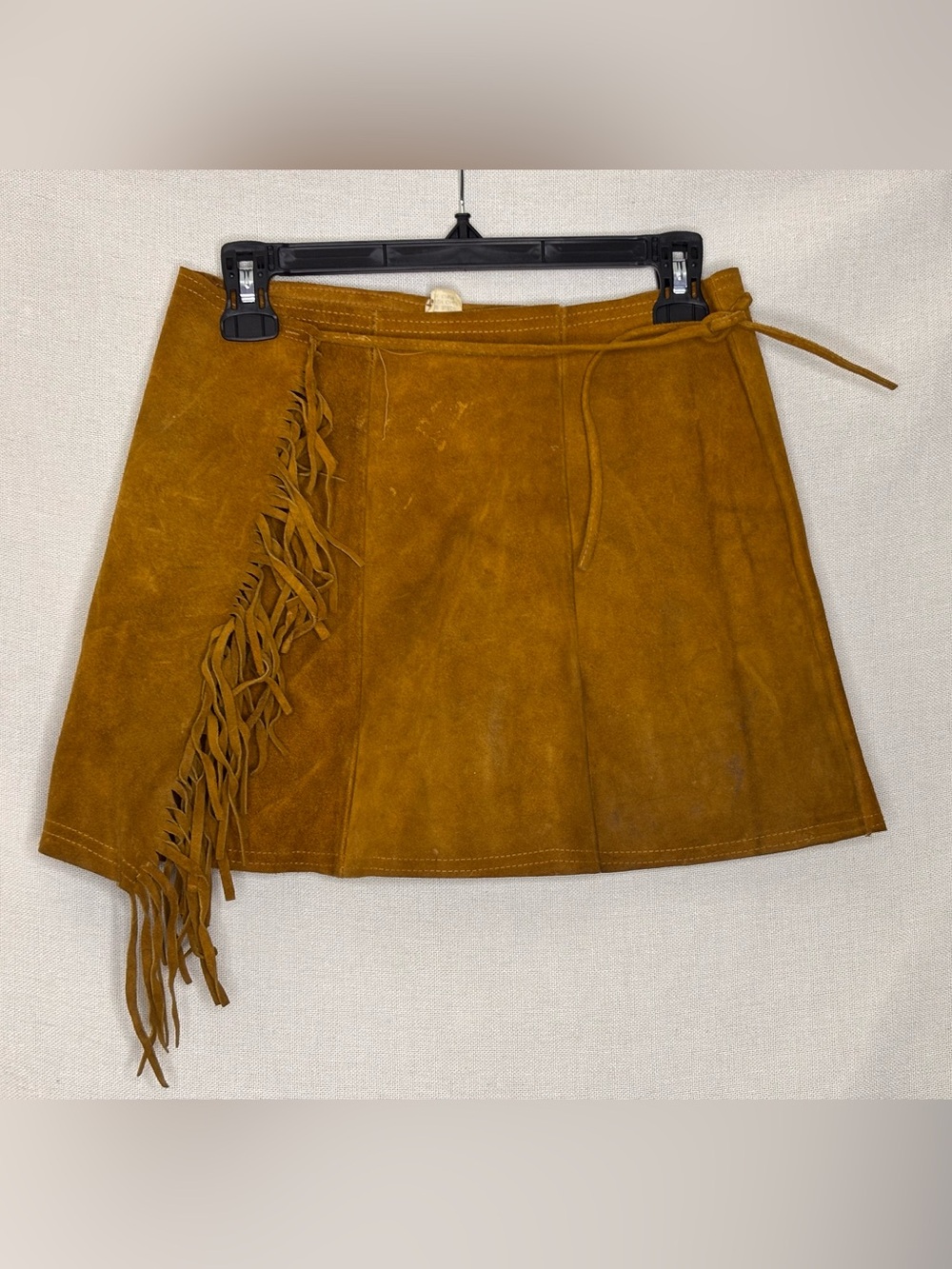 Vintage Suede Fringe Wraparound Mini Skirt Caramel Brown Western Boho